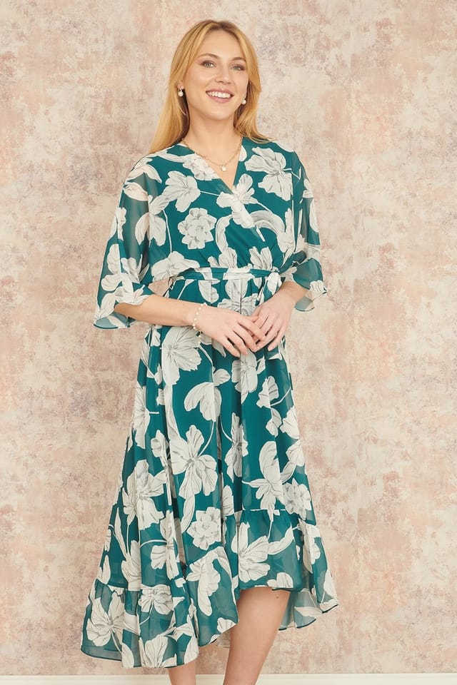 Yumi Yumi Women's Green Kimono Sleeves Midi Dip Hem Wrap Midi Dress - 3