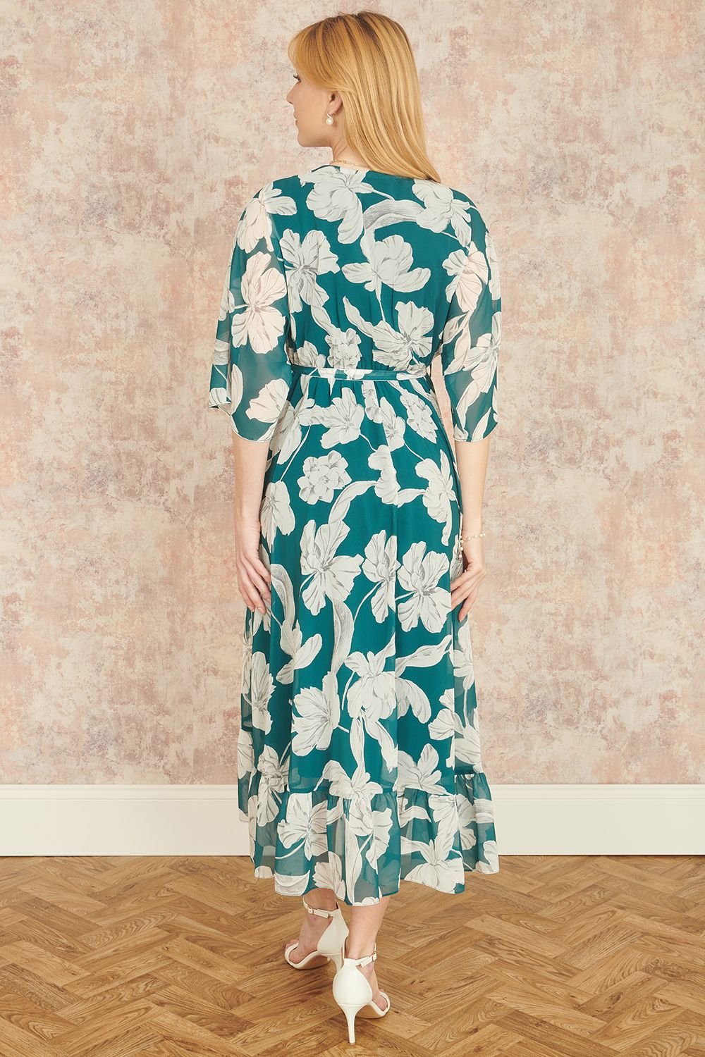 Yumi Yumi Women's Green Kimono Sleeves Midi Dip Hem Wrap Midi Dress - 4