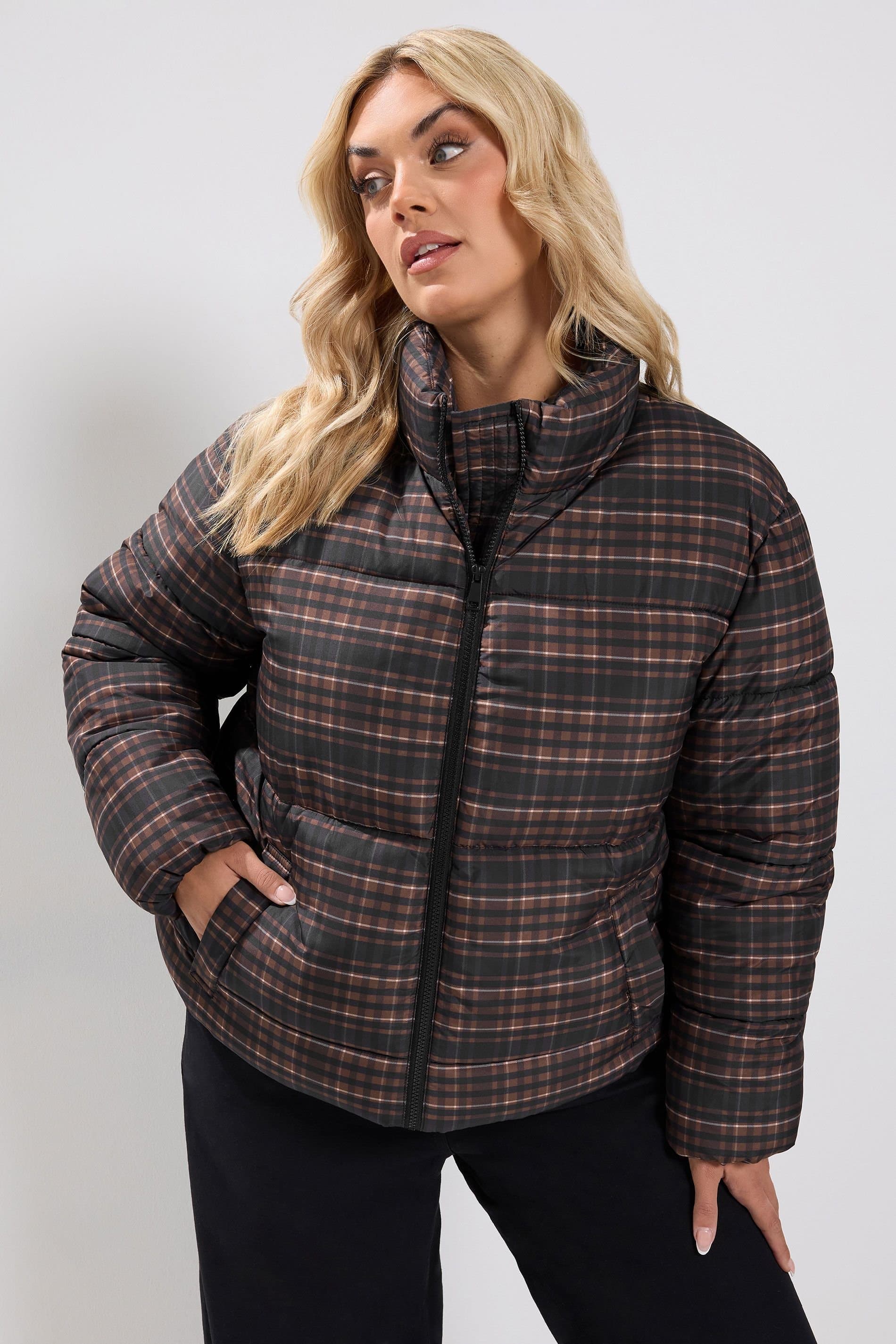 Yours Yours Women's Check Padded Coat in Brown