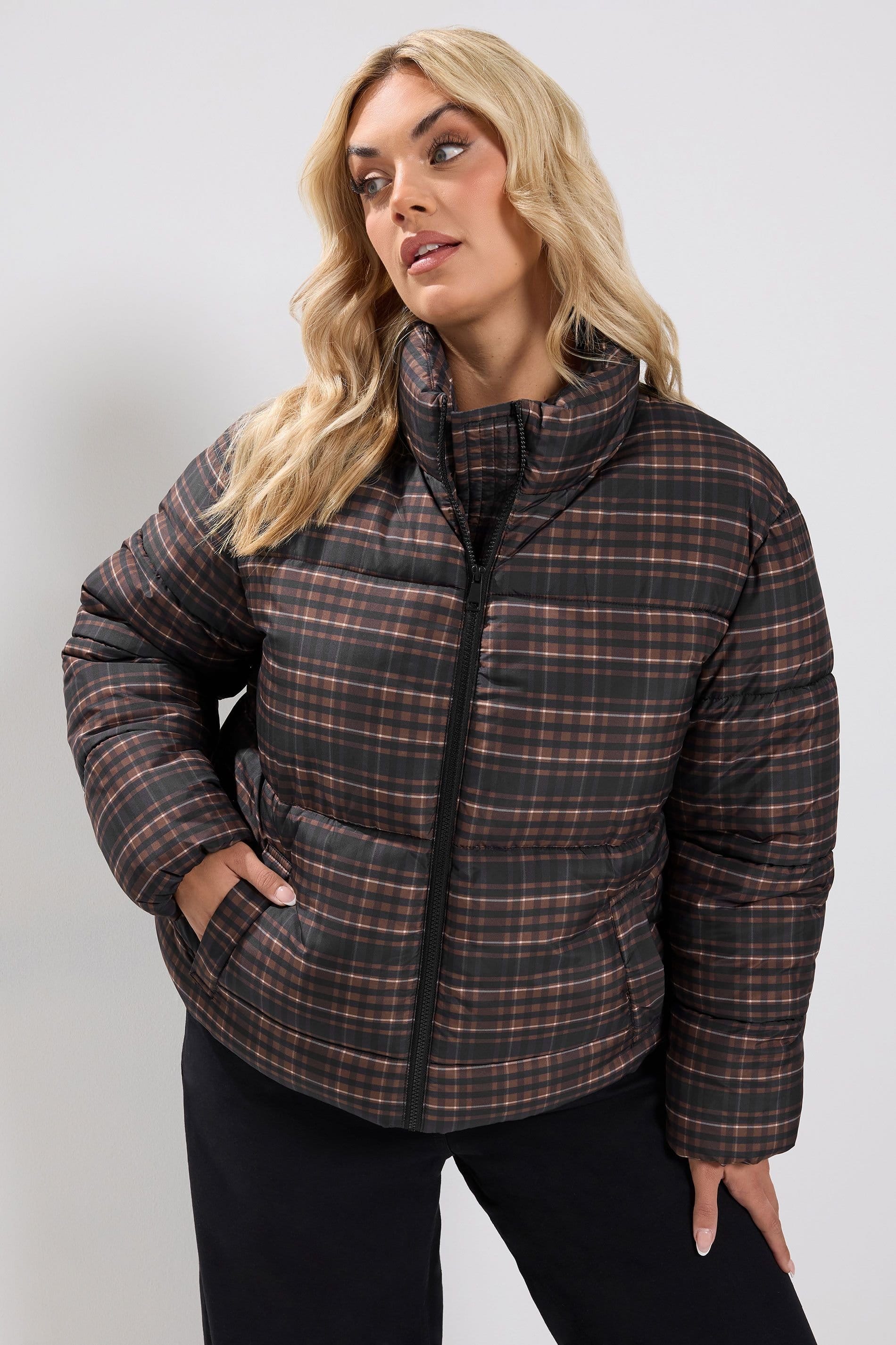 Yours Women's Check Padded Coat in Brown