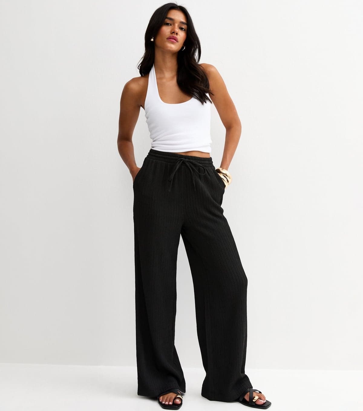 New Look Women's Black Textured Jersey Wide Leg Trousers New Look