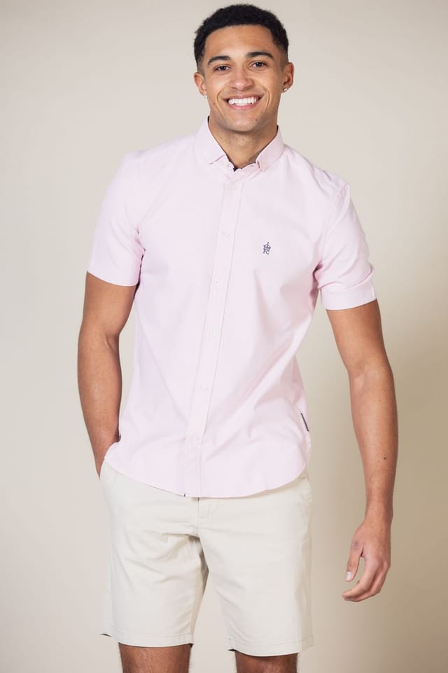 French Connection French Connection Men's Cotton Short Sleeve Oxford Shirt in Pink - 3