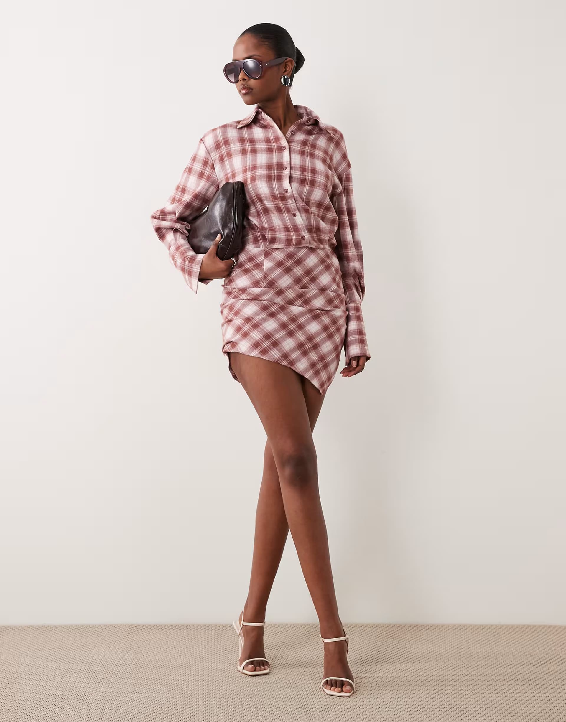 ASOS Noughts & Kisses button up shirt asymmetric hem mini dress in pink check
