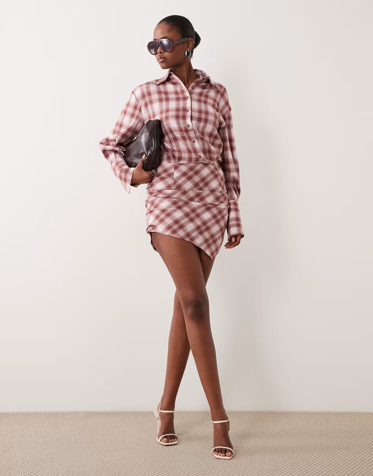 ASOS Noughts & Kisses button up shirt asymmetric hem mini dress in pink check - 1