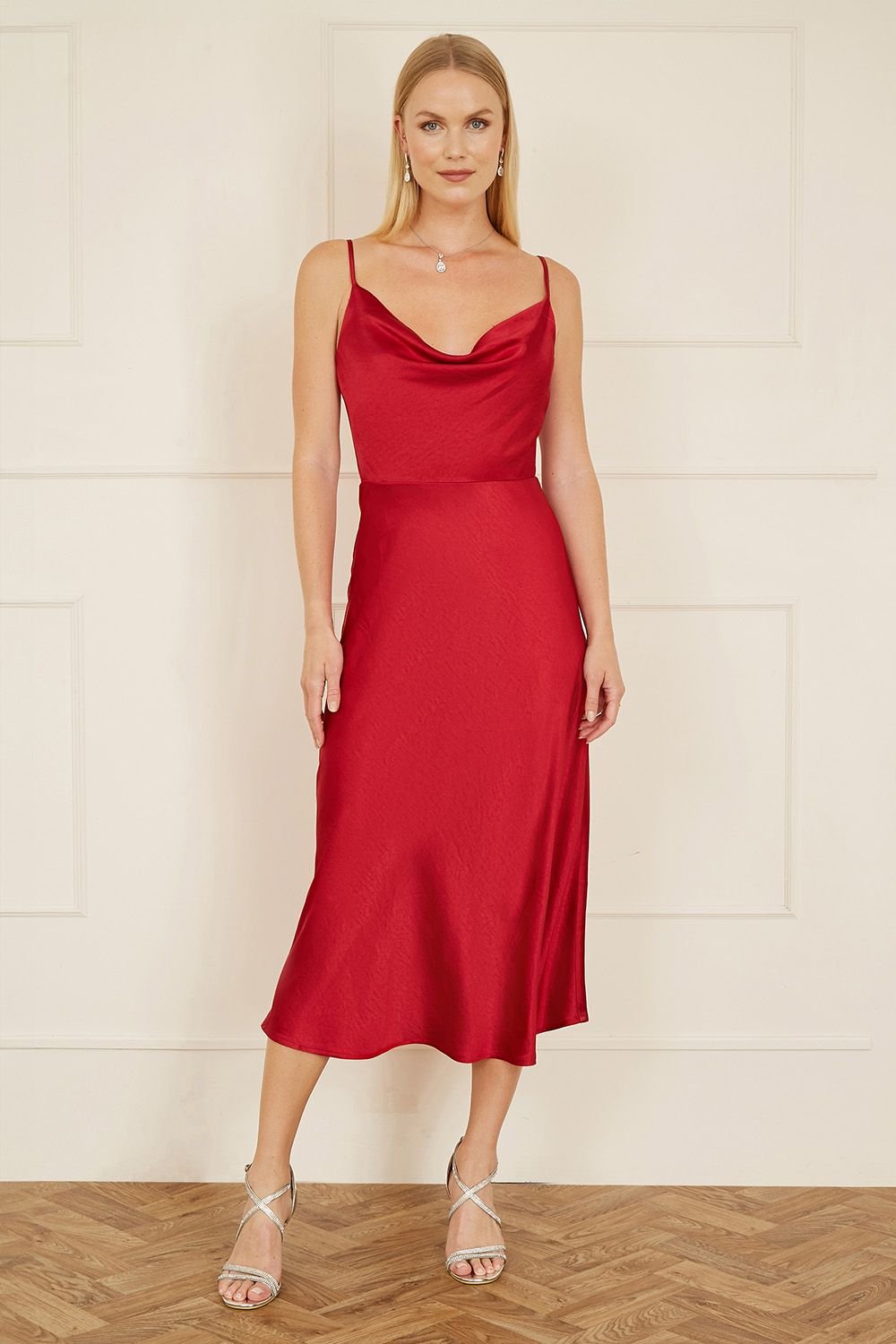 Yumi Yumi Women's Red Satin Cowl Neck Midi Dress - 2