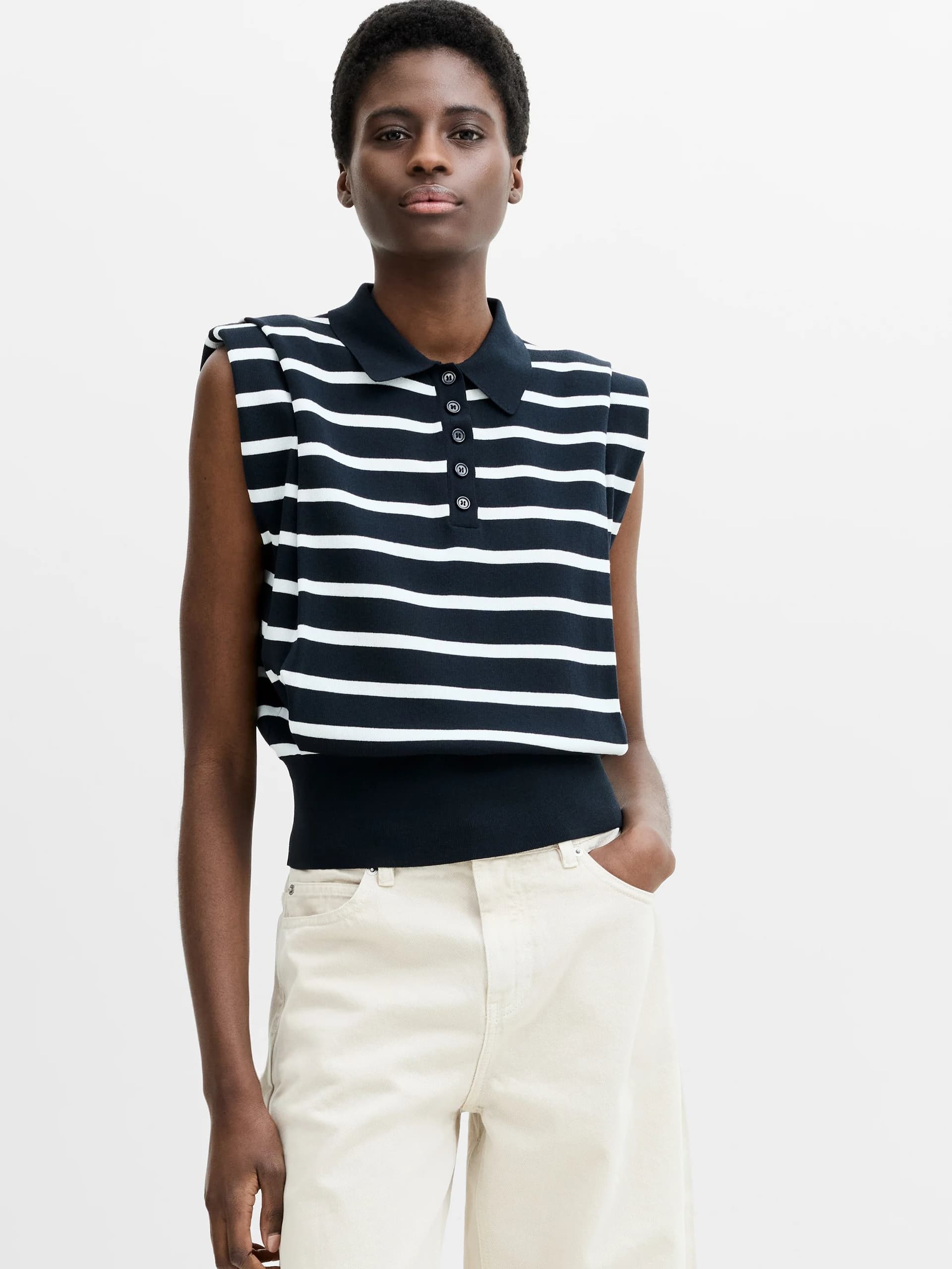 French Connection Kea Striped Collared Shoulder Pad Navy Blue Knit Vest New Navy/Winter White