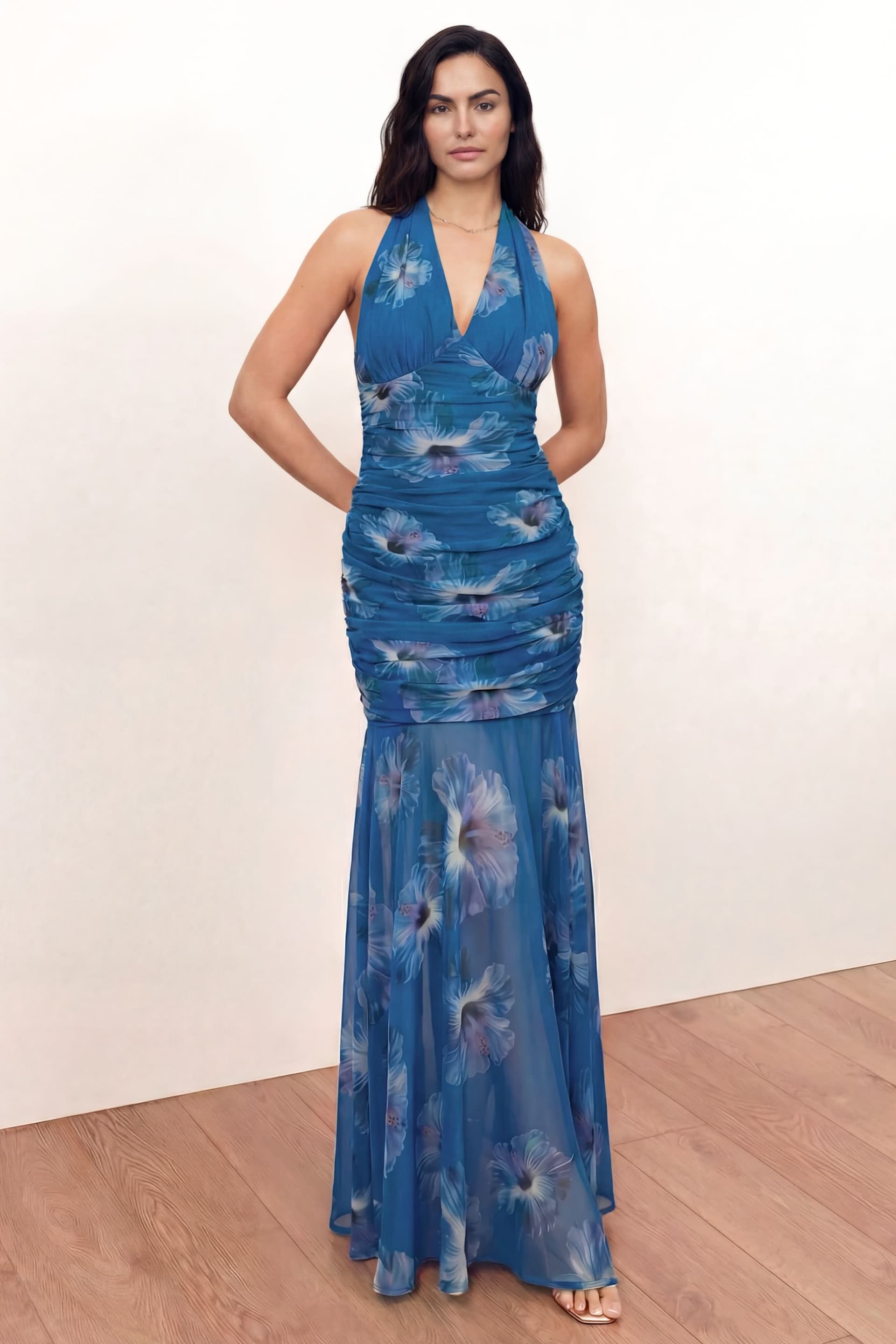 Anaya with Love Anaya with Love Women's Floral Halter Neck Ruched Maxi Dress in Blue