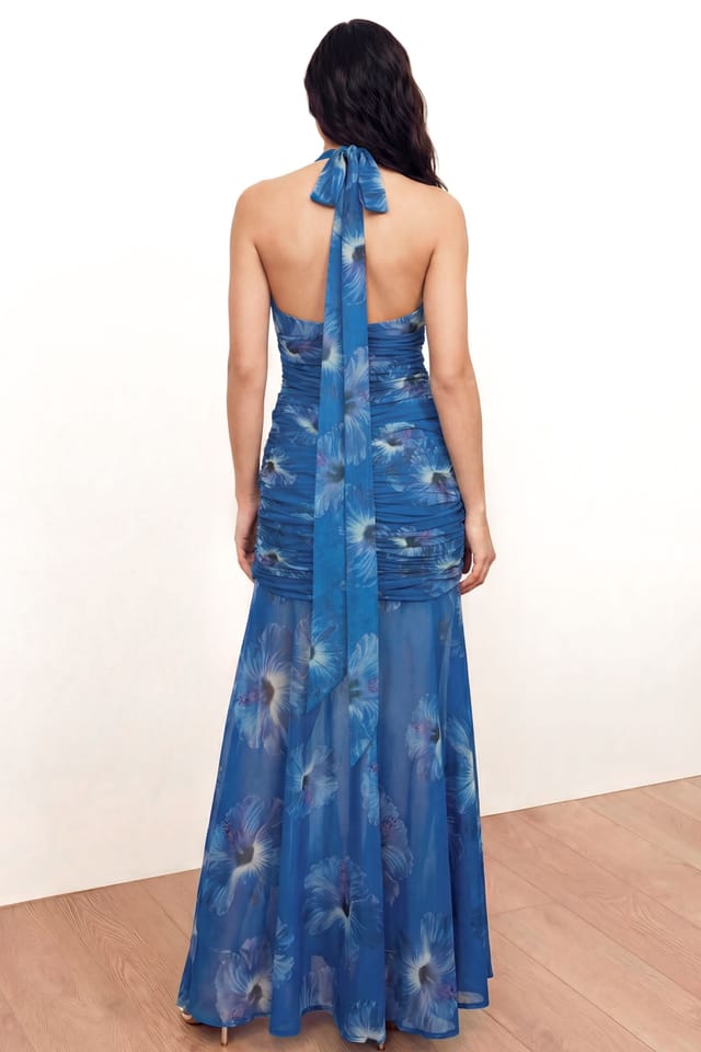 Anaya with Love Anaya with Love Women's Floral Halter Neck Ruched Maxi Dress in Blue - 2