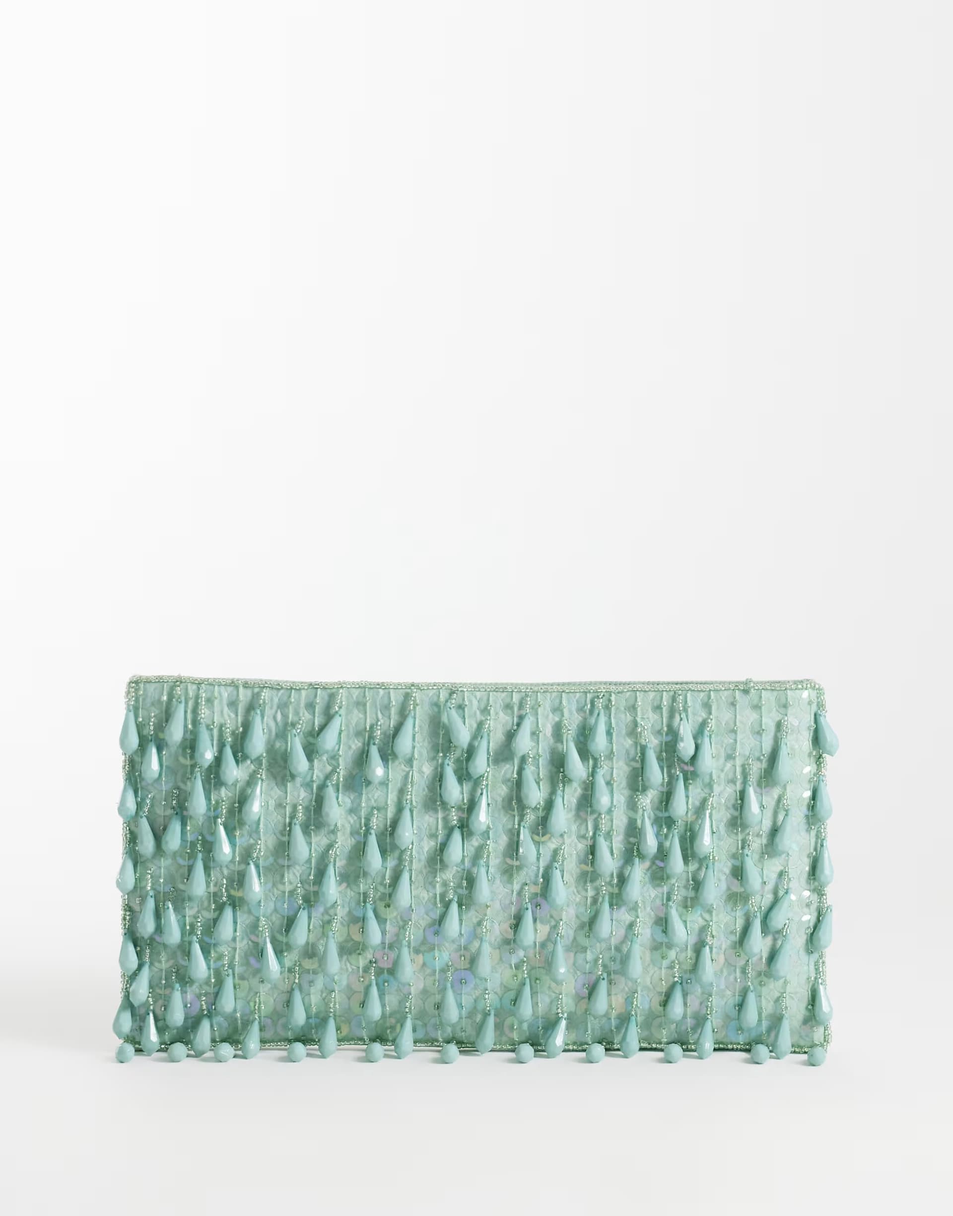 ASOS ASOS DESIGN embellished droplet zip top clutch bag in light blue