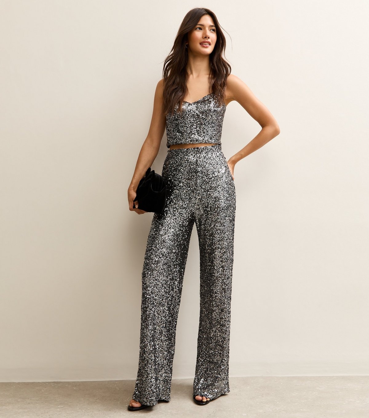 New Look Women's Gunmetal Sequin Wide Leg Trousers New Look - 1