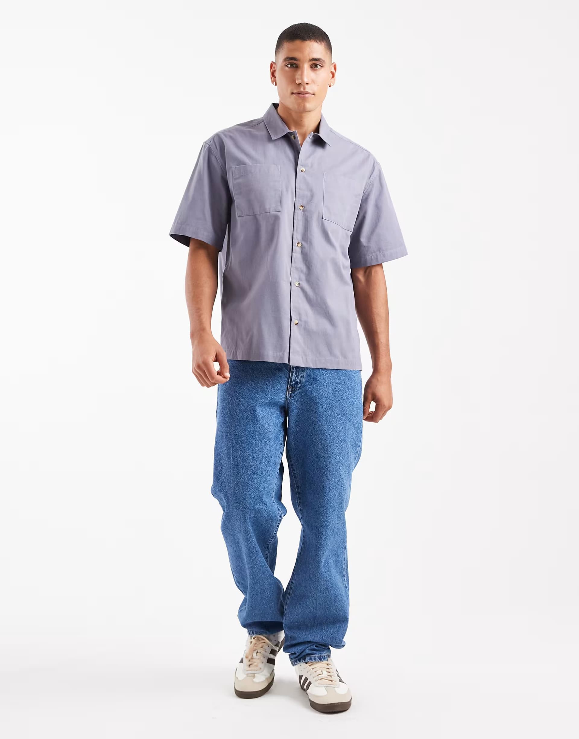ASOS New Look short sleeve boxy fit shirt in mid grey