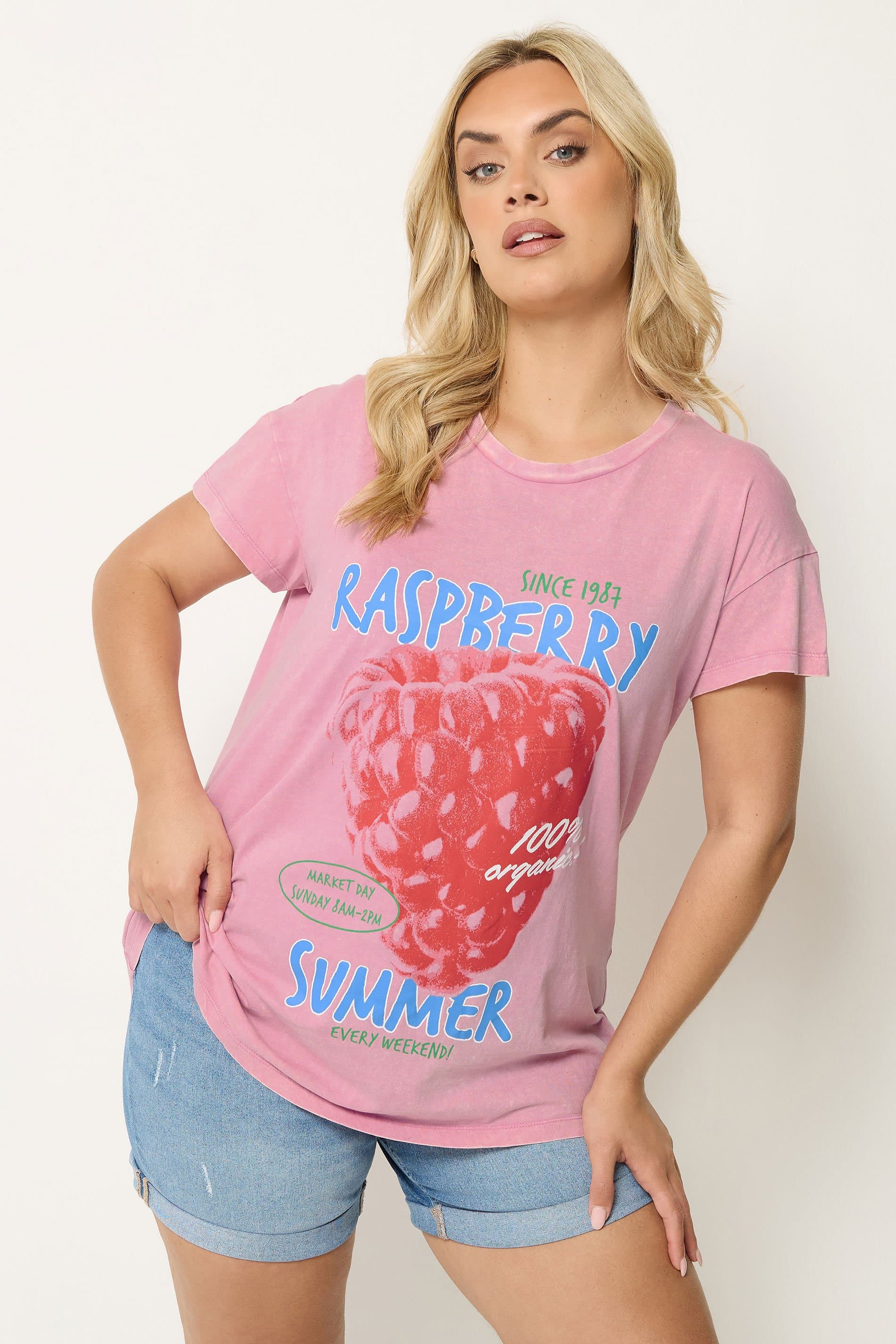 Yours Plus Size Pink Acid Wash 'Raspberry Summer' Tshirt