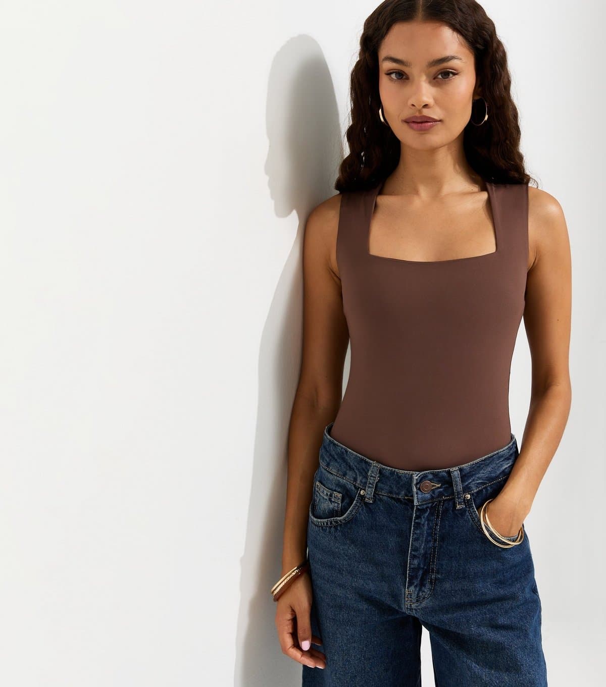 New Look Women's Petite Dark Brown Square Neck Neck Sleeveless Bodysuit New Look