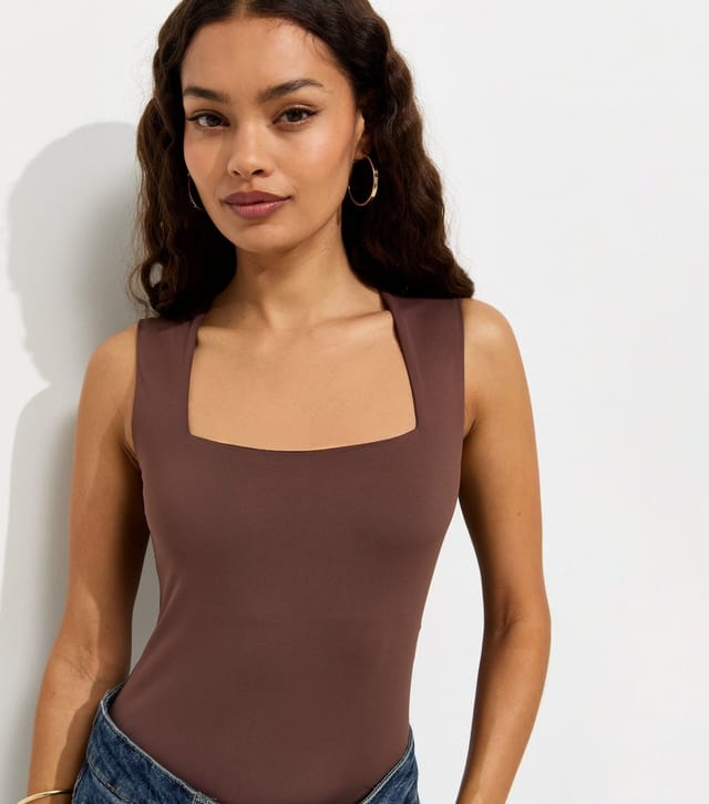 New Look Women's Petite Dark Brown Square Neck Neck Sleeveless Bodysuit New Look - 2