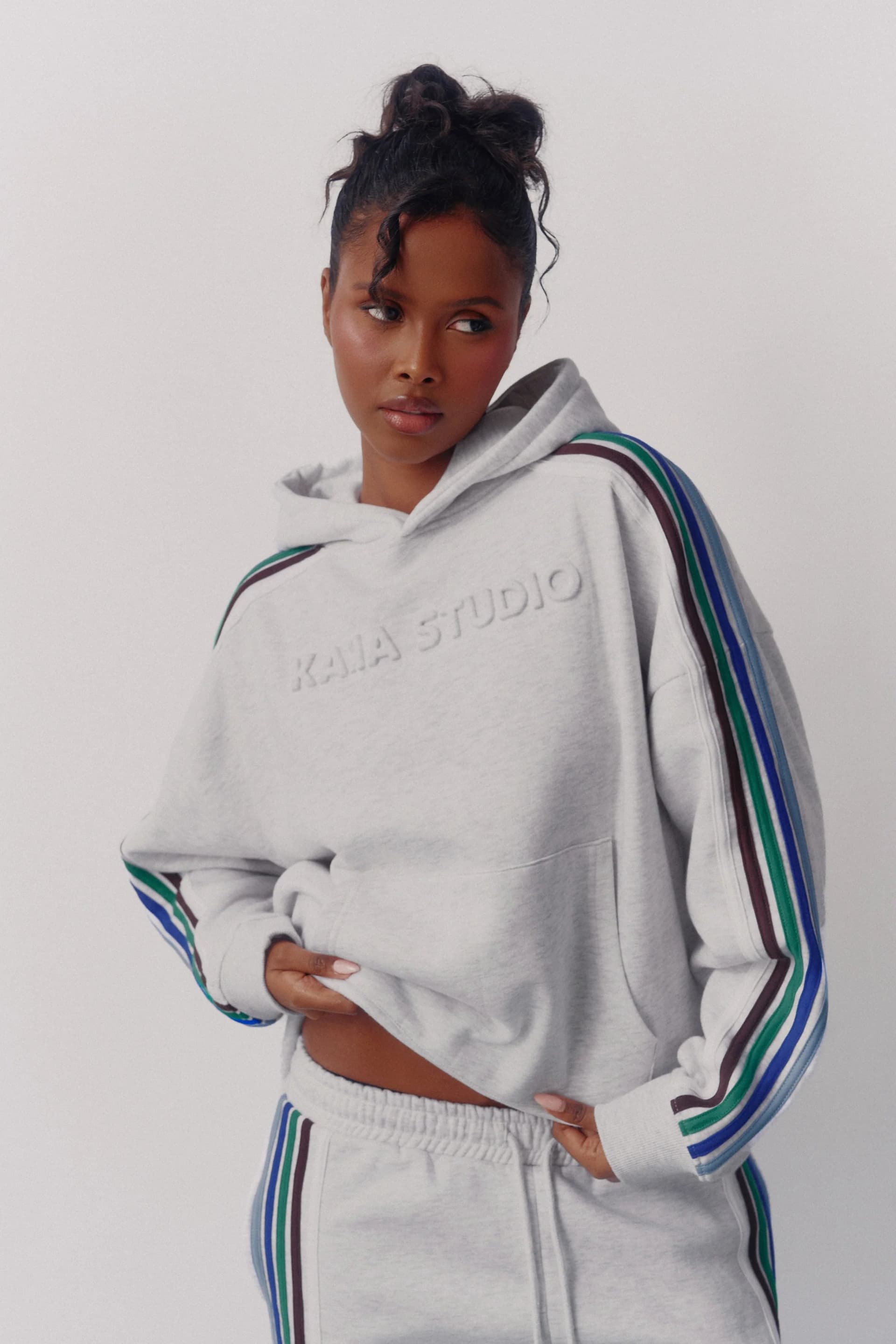 Kaiia Kaiia Studio Sport Stripe Oversized Hoodie Light Grey Marl & Multi Stripe