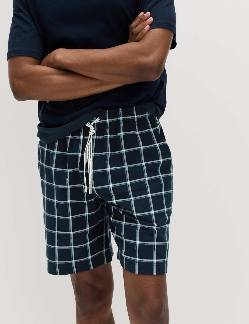 Marks & Spencer M&S Pure Cotton Woven Checked Pyjama Shorts Navy Mix - 1