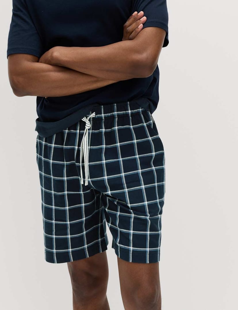 Marks & Spencer M&S Pure Cotton Woven Checked Pyjama Shorts Navy Mix - 1