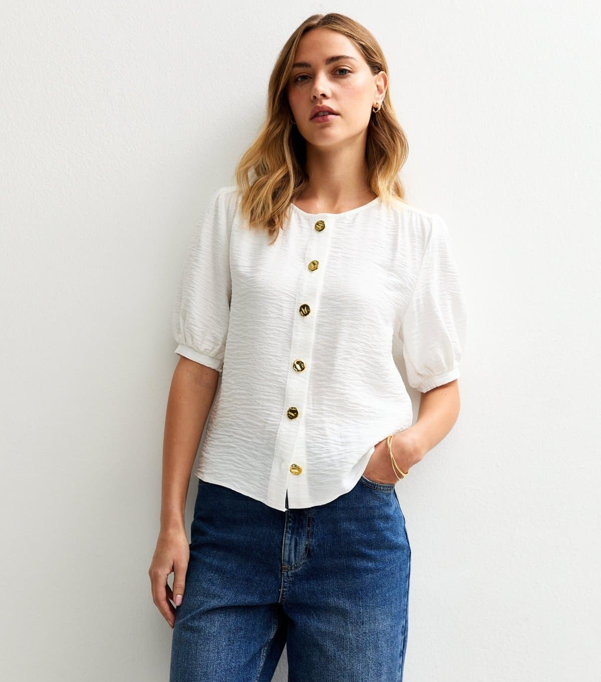 New Look New Look White Textured Crew Neck Button Through Top