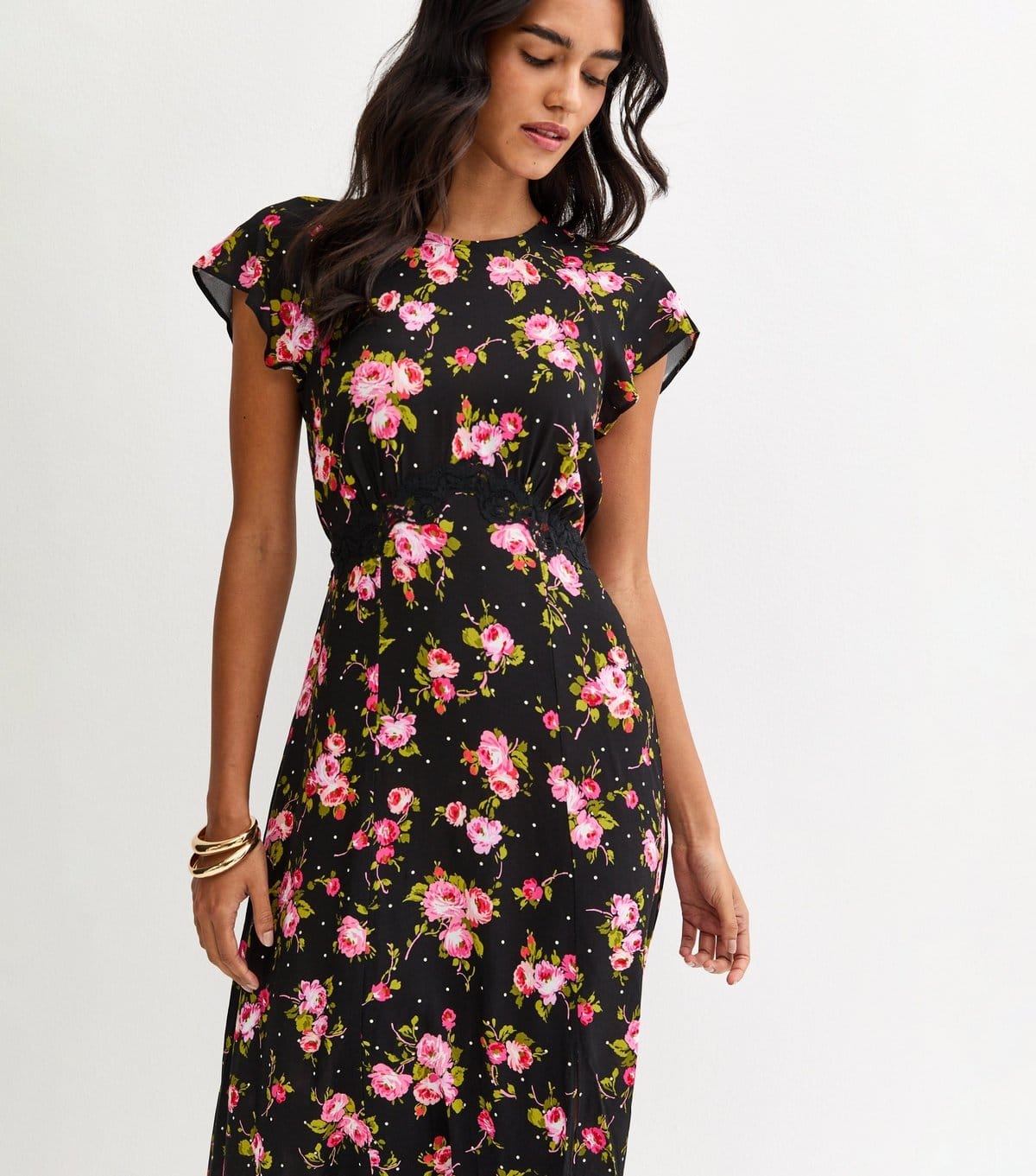 Women's Black Floral Lace Waist Midi Dress New Look