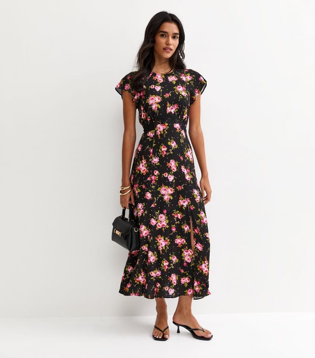 New Look Women's Black Floral Lace Waist Midi Dress New Look - 2