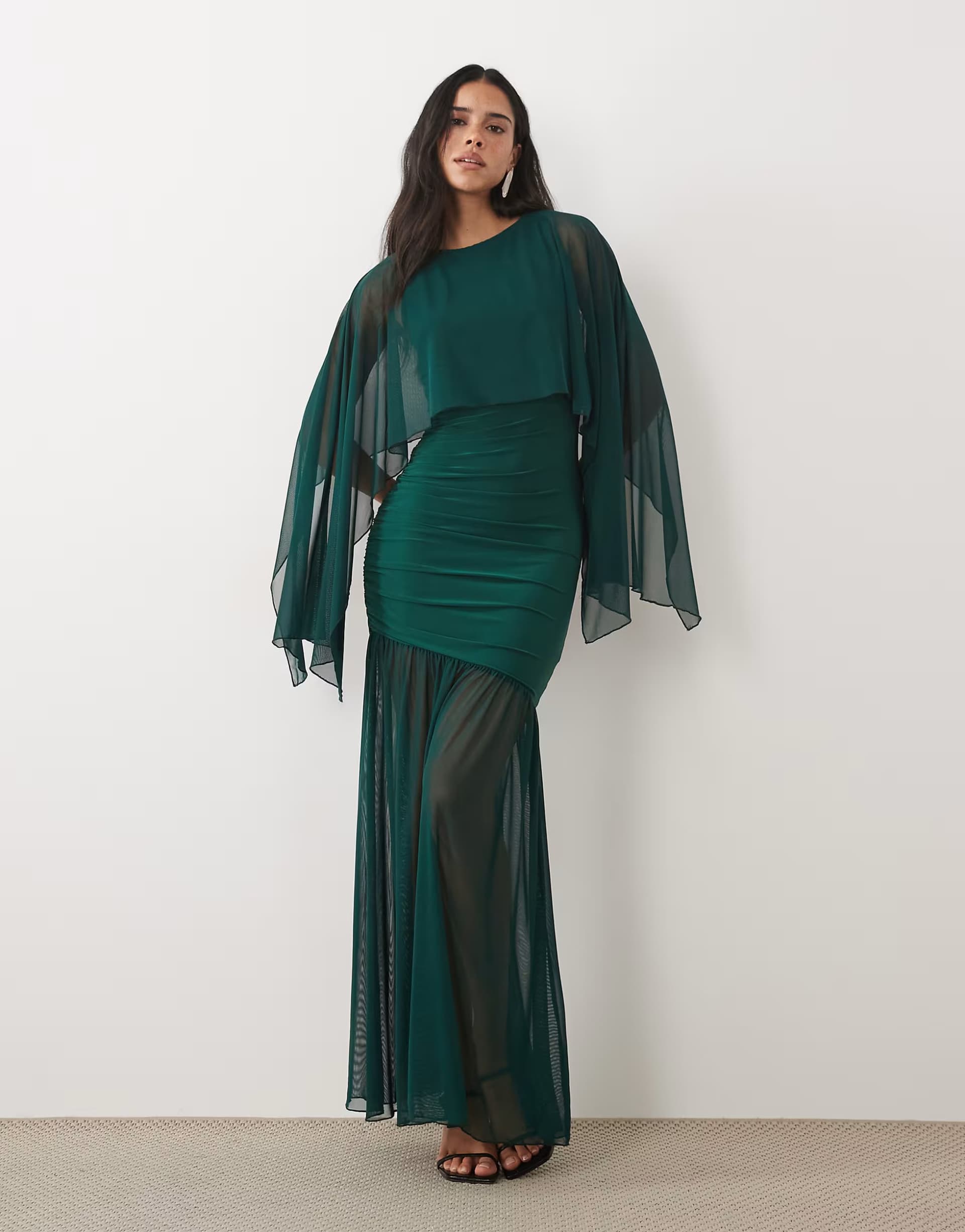 ASOS Kaiia exclusive double layered slinky drop waist floaty mesh cape overlay sheer hem maxi dress in emerald