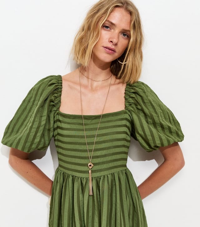New Look Women's Khaki Puff Sleeve Striped Midi Dress New Look - 3