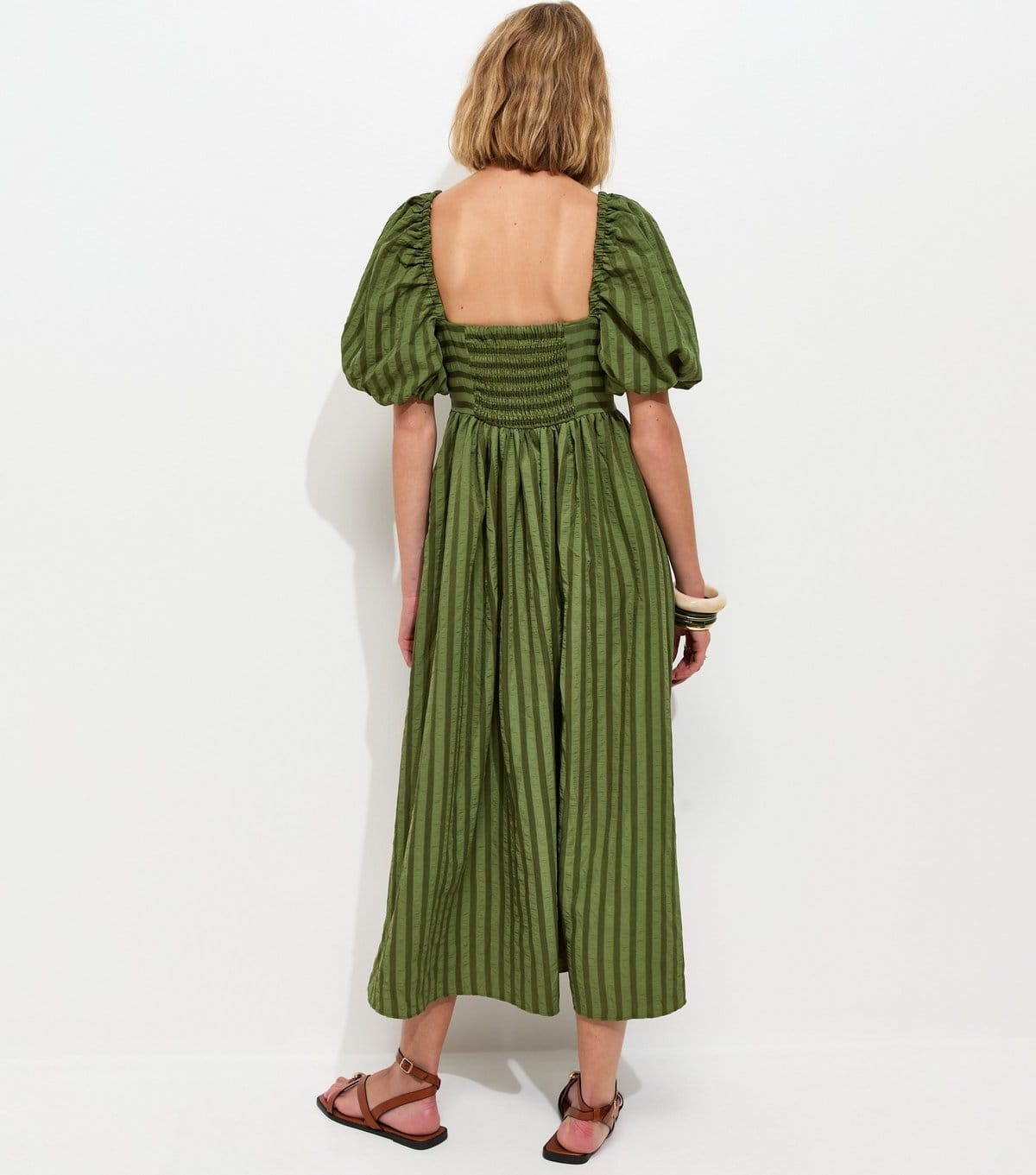 New Look Women's Khaki Puff Sleeve Striped Midi Dress New Look - 4