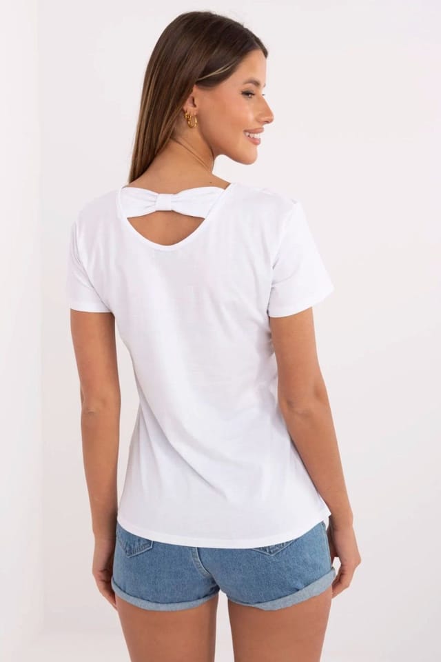 Love Lace Love Lace Women's Cotton Elastane Sequin Print Tee with Bow in White - 3
