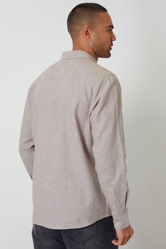 Threadbare Threadbare Men's Linen Blend Long Sleeve Shirt in Taupe - 2