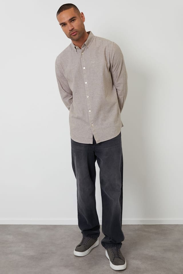 Threadbare Threadbare Men's Linen Blend Long Sleeve Shirt in Taupe - 3