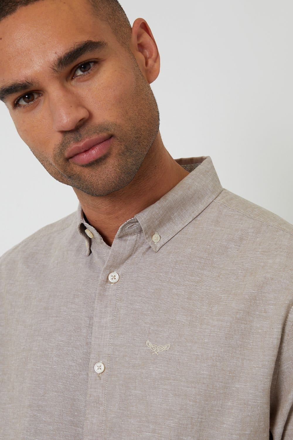 Threadbare Threadbare Men's Linen Blend Long Sleeve Shirt in Taupe - 4