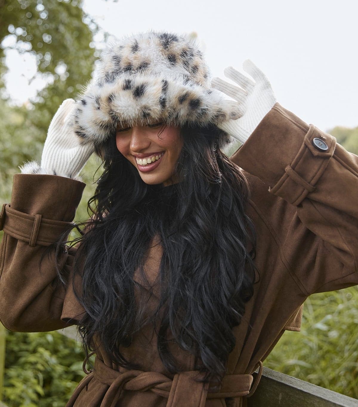 South Beach South Beach Brown Faux Fur Hat and Cream Gloves Set