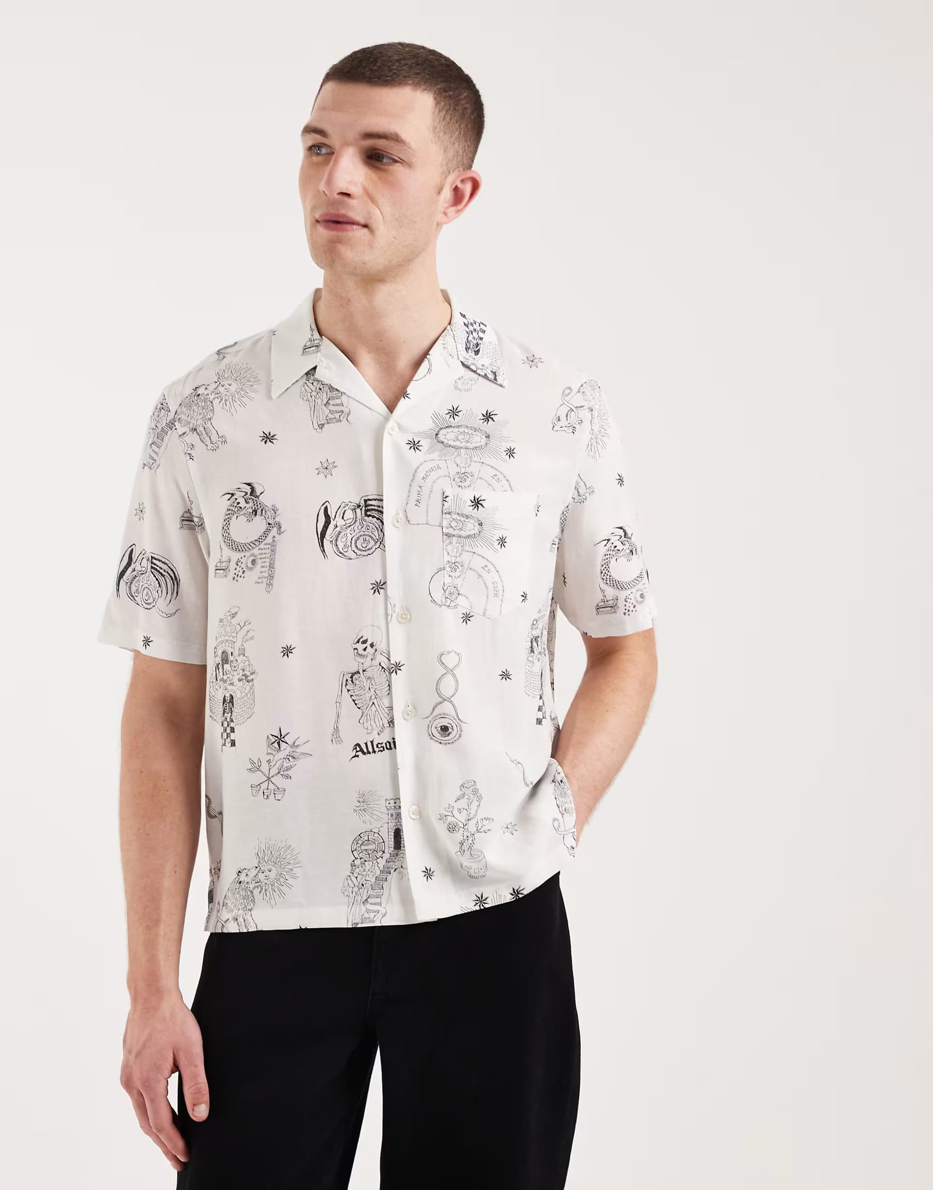 ASOS AllSaints Terra short sleeve graphic print shirt in ecru