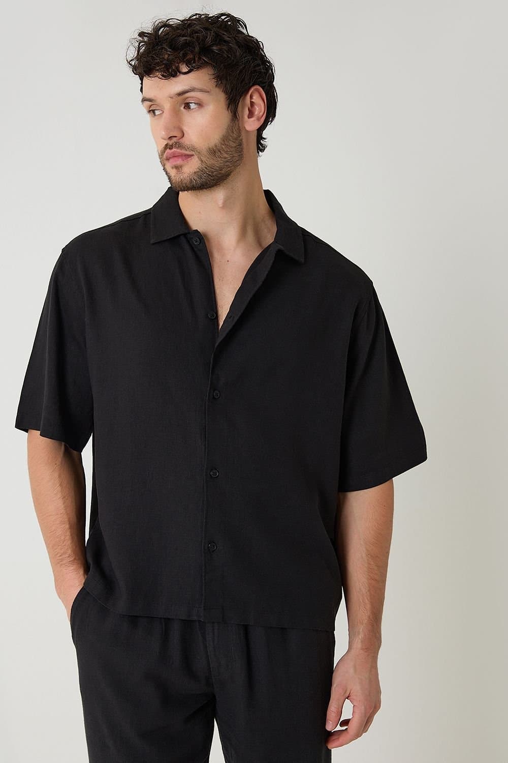 Threadbare threadbare Men's Boxy Fit Linen Blend Short Sleeve Shirt in Black