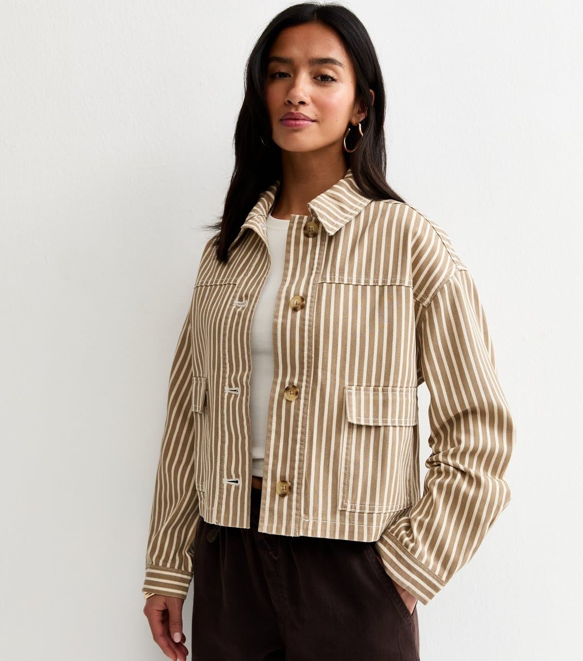 New Look Women's Petite Mink Cotton Striped Shacket New Look