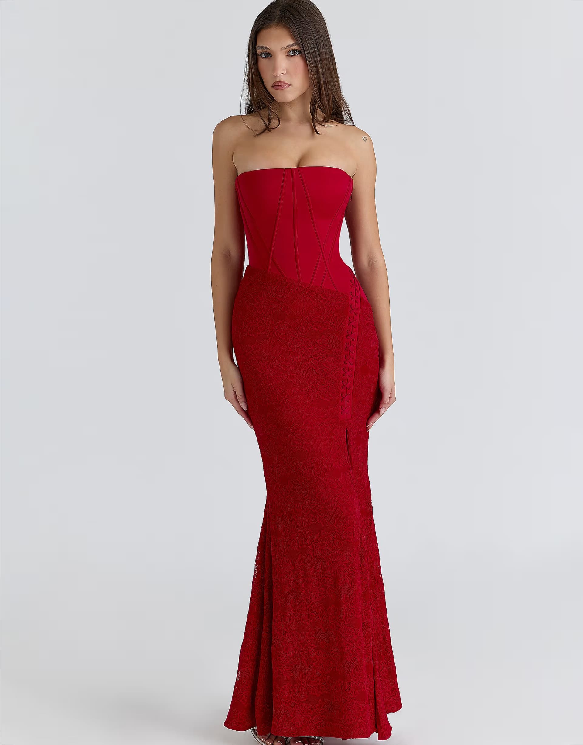 ASOS House of CB Valerie red satin lace strapless maxi dress in red