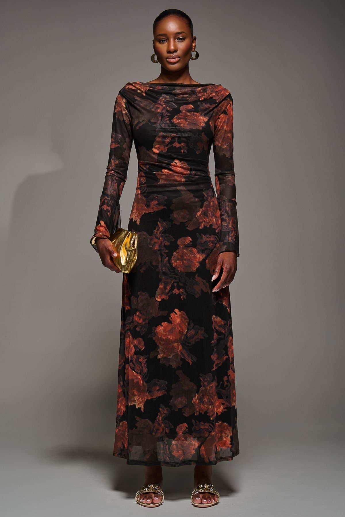 Jolie Moi Jolie Moi Women's Long Sleeve Slash Neck Maxi Dress in Jet Black