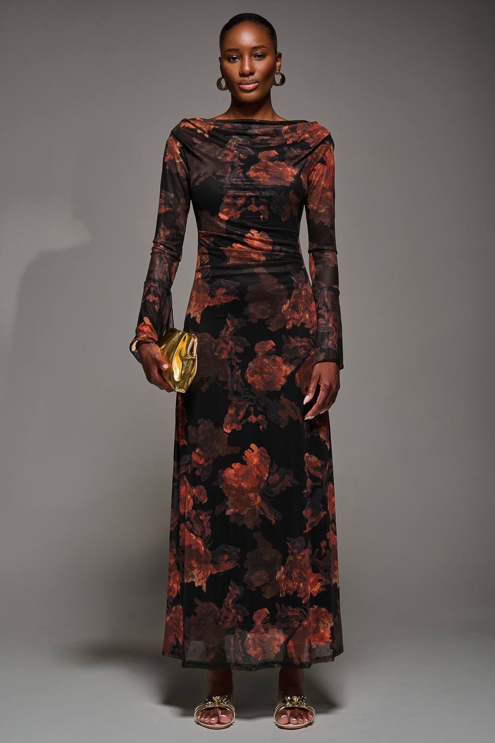 Jolie Moi Jolie Moi Women's Long Sleeve Slash Neck Maxi Dress in Jet Black - 2