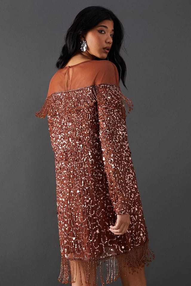 Warehouse Warehouse Women's Hand Embellished Sequin Fringe Yoke Mini Dress in Bronze - 3