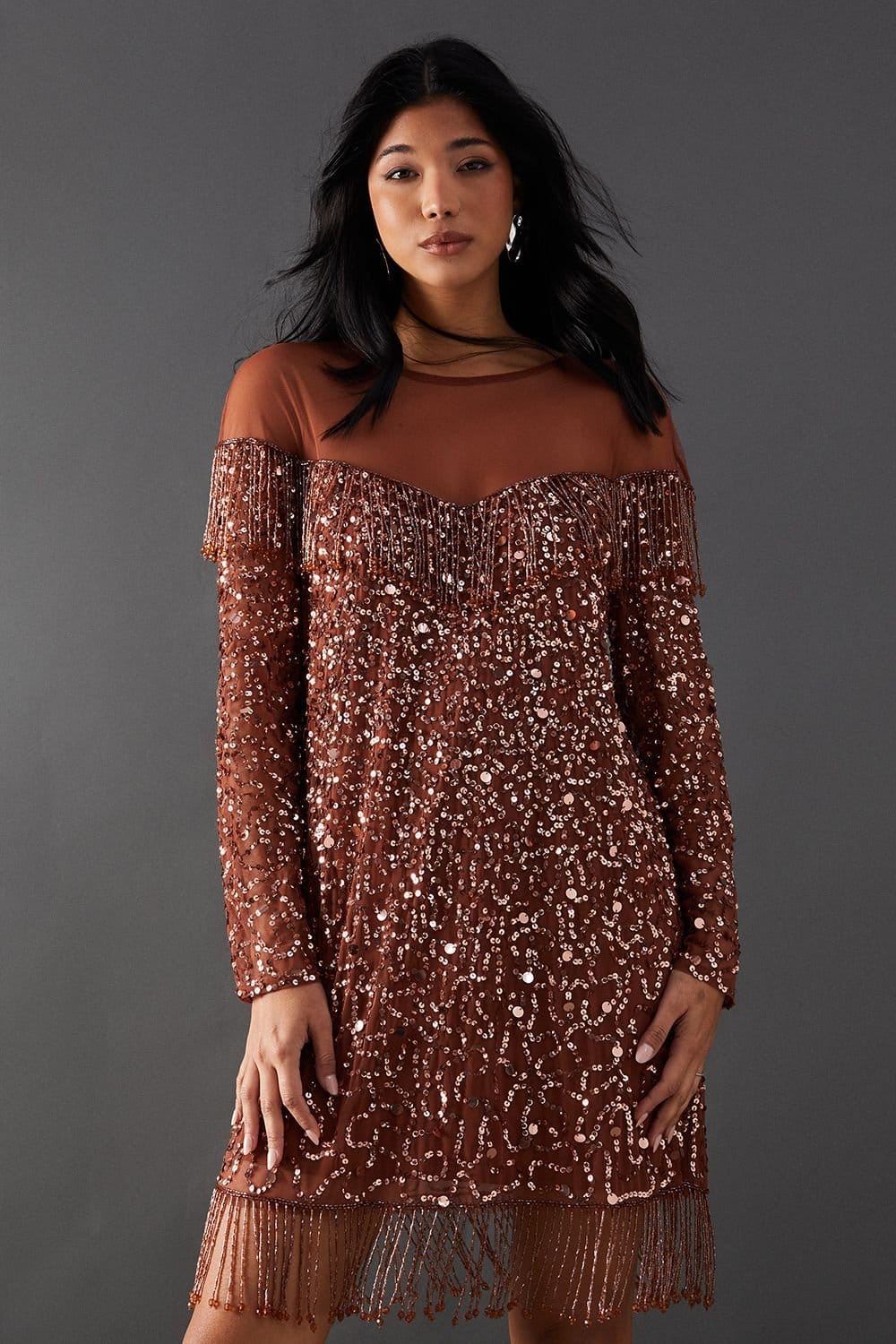 Warehouse Warehouse Women's Hand Embellished Sequin Fringe Yoke Mini Dress in Bronze - 4