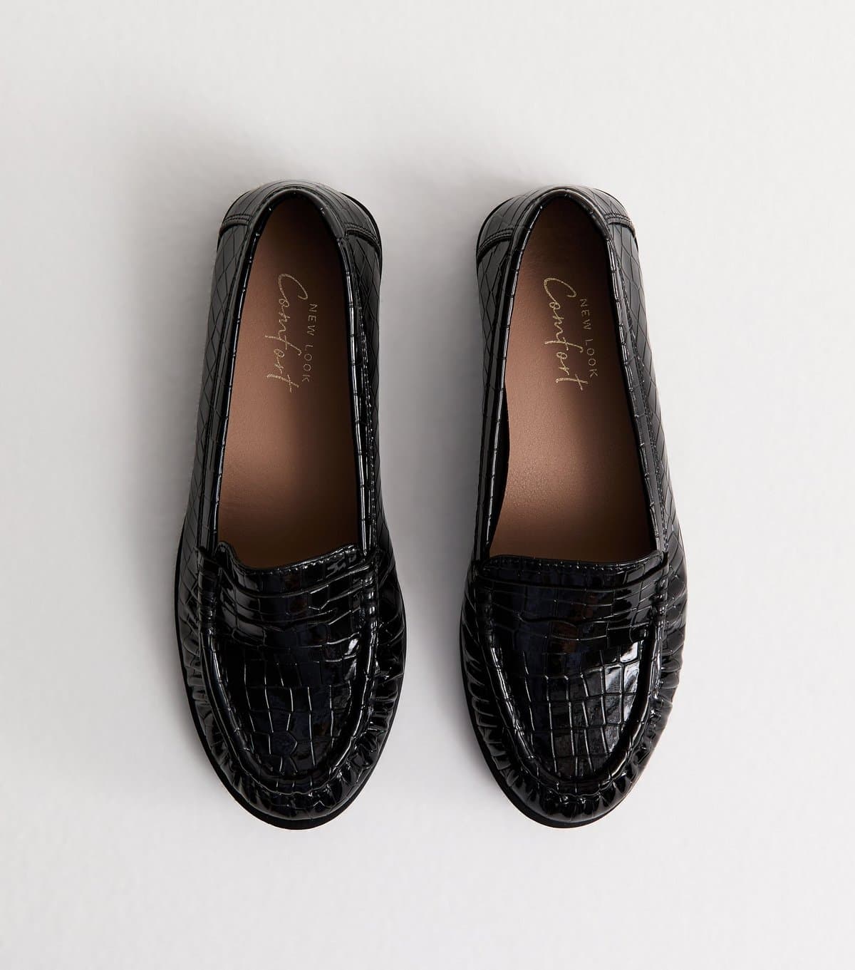 New Look Women's Black Faux Leather Croc Embossed Penny Loafers Vegan New Look