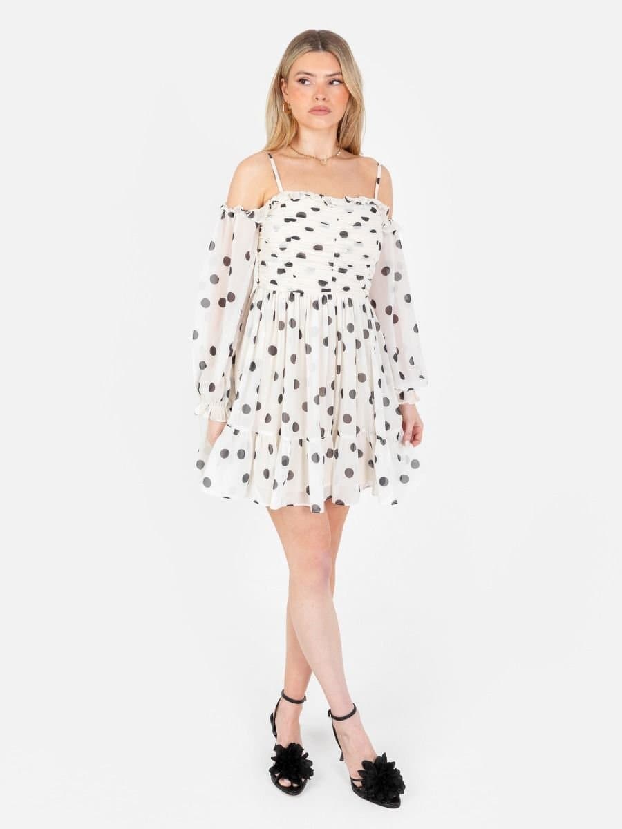 Anaya with Love Anaya with Love Women's Polka Dot Bardot Long Sleeve Mini Dress