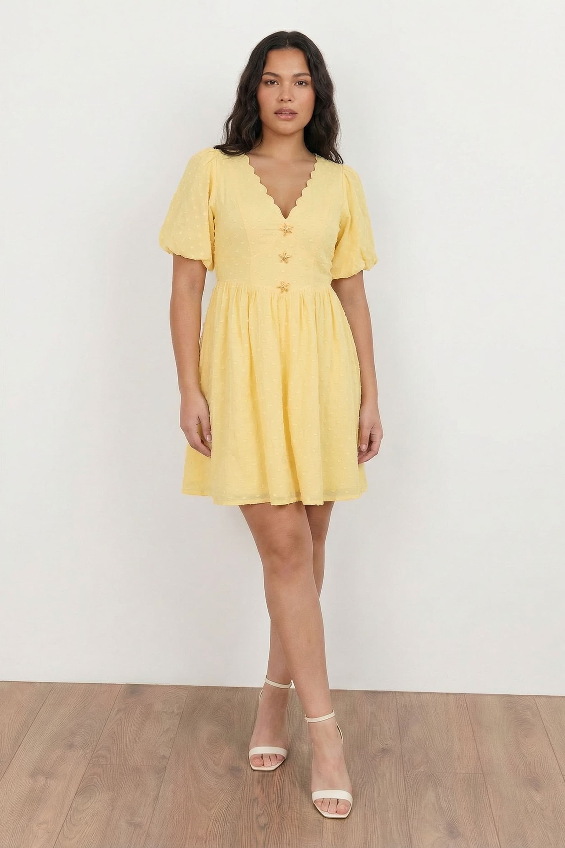 Lovedrobe Lovedrobe Women's Scalloped V Neck Starfish Button Mini Dress in Lemon