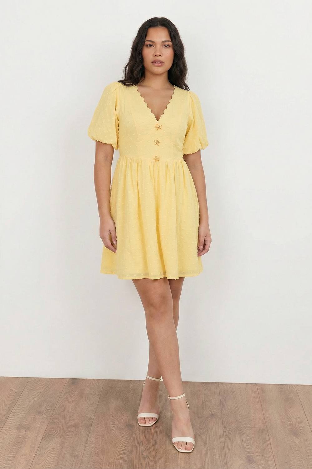 Lovedrobe Lovedrobe Women's Scalloped V Neck Starfish Button Mini Dress in Lemon - 2
