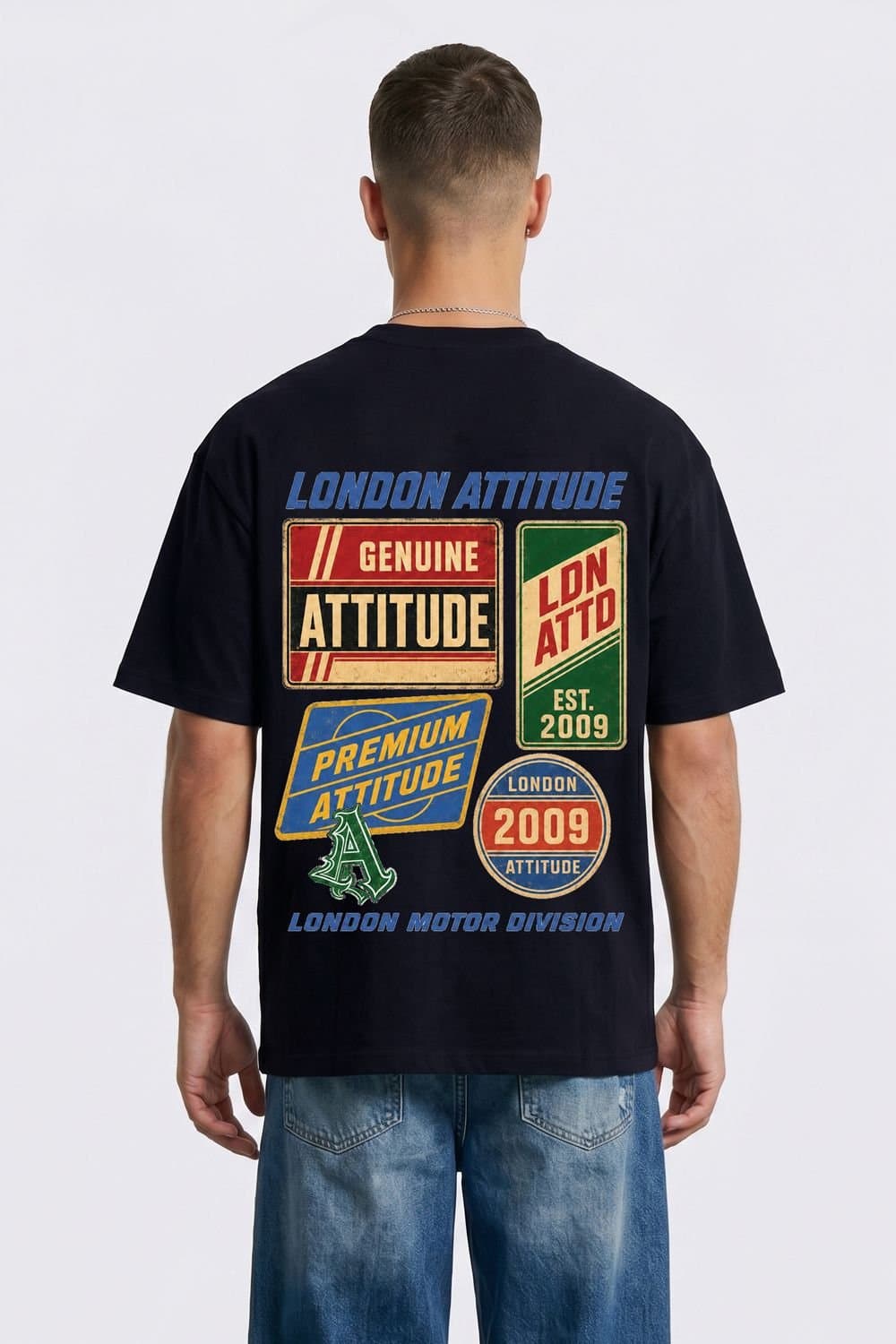 LONDON ATTITUDE LONDON ATTITUDE Men's Oversized Vintage Motorsport Back Print T-Shirt in Black