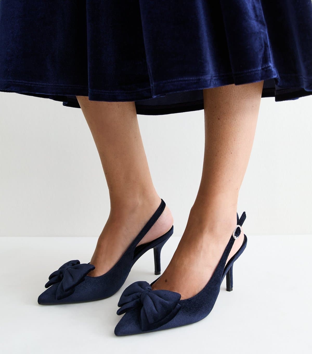 New Look Women's Navy Velvet Bow Slingback Stiletto Heels Vegan New Look