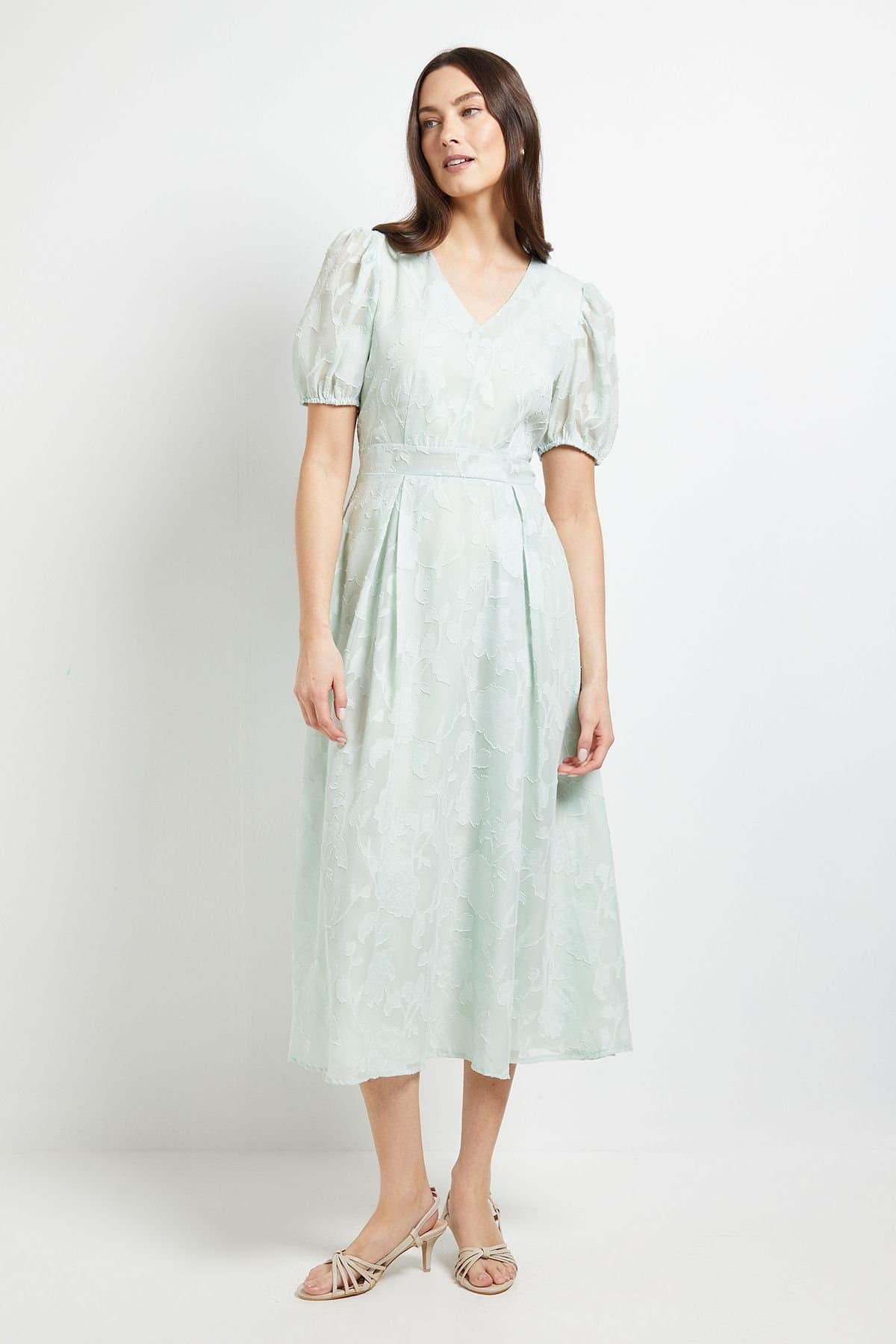 Principles Principles Women's Floral Jacquard Puff Sleeve Midi Dress in Sage