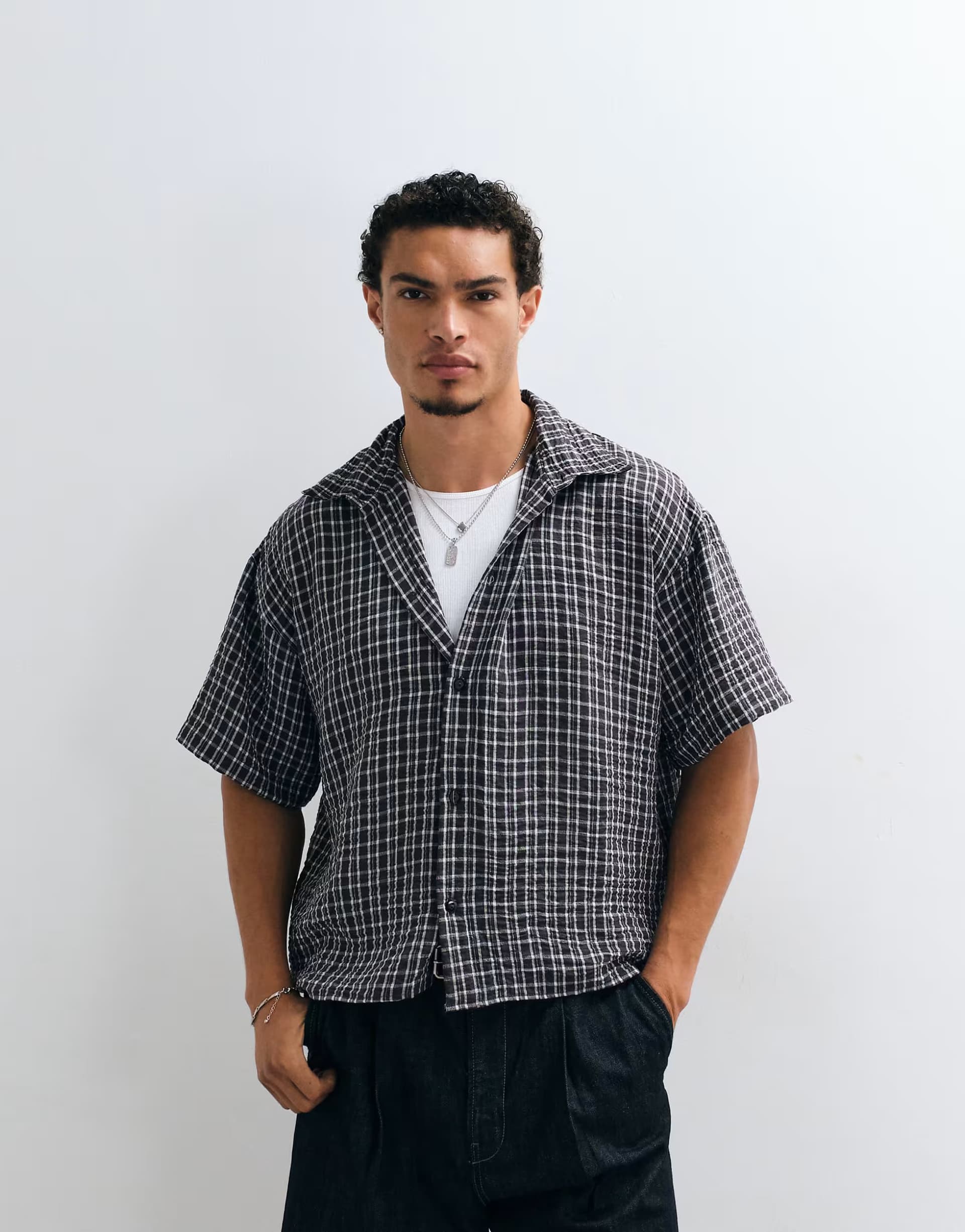 ASOS Reclaimed Vintage short sleeve cropped boxy shirt in chocolate check