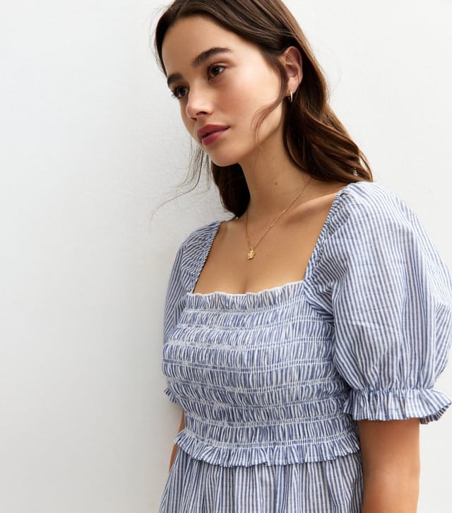 New Look Women's Blue Striped Embroidered Puff Sleeve Mini Dress New Look - 2