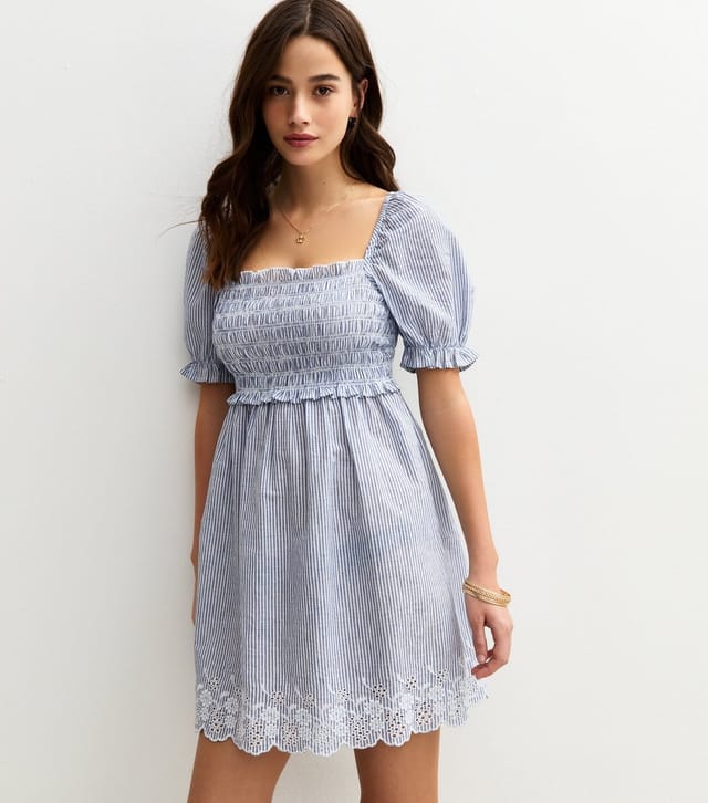 New Look Women's Blue Striped Embroidered Puff Sleeve Mini Dress New Look - 3